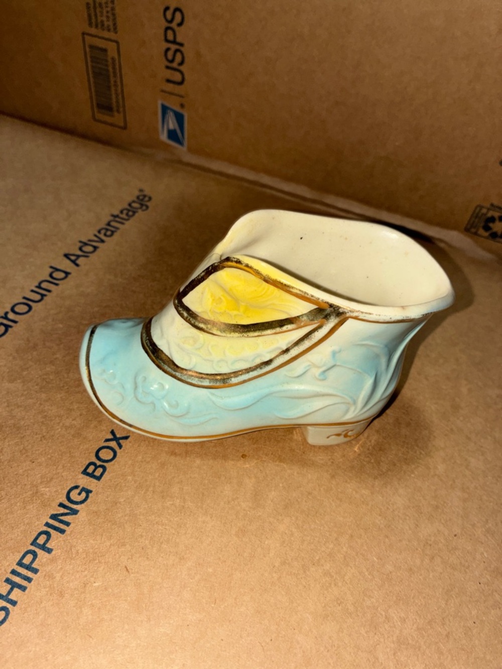 Oriental Porcelain Slipper Planter, Gold Trim, Shoe Planter, Boot Planter